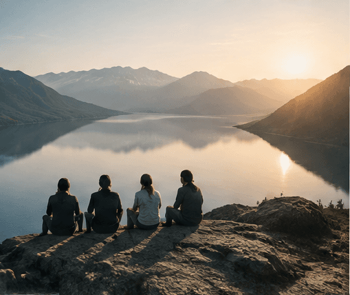 Four people seated together beside a lake